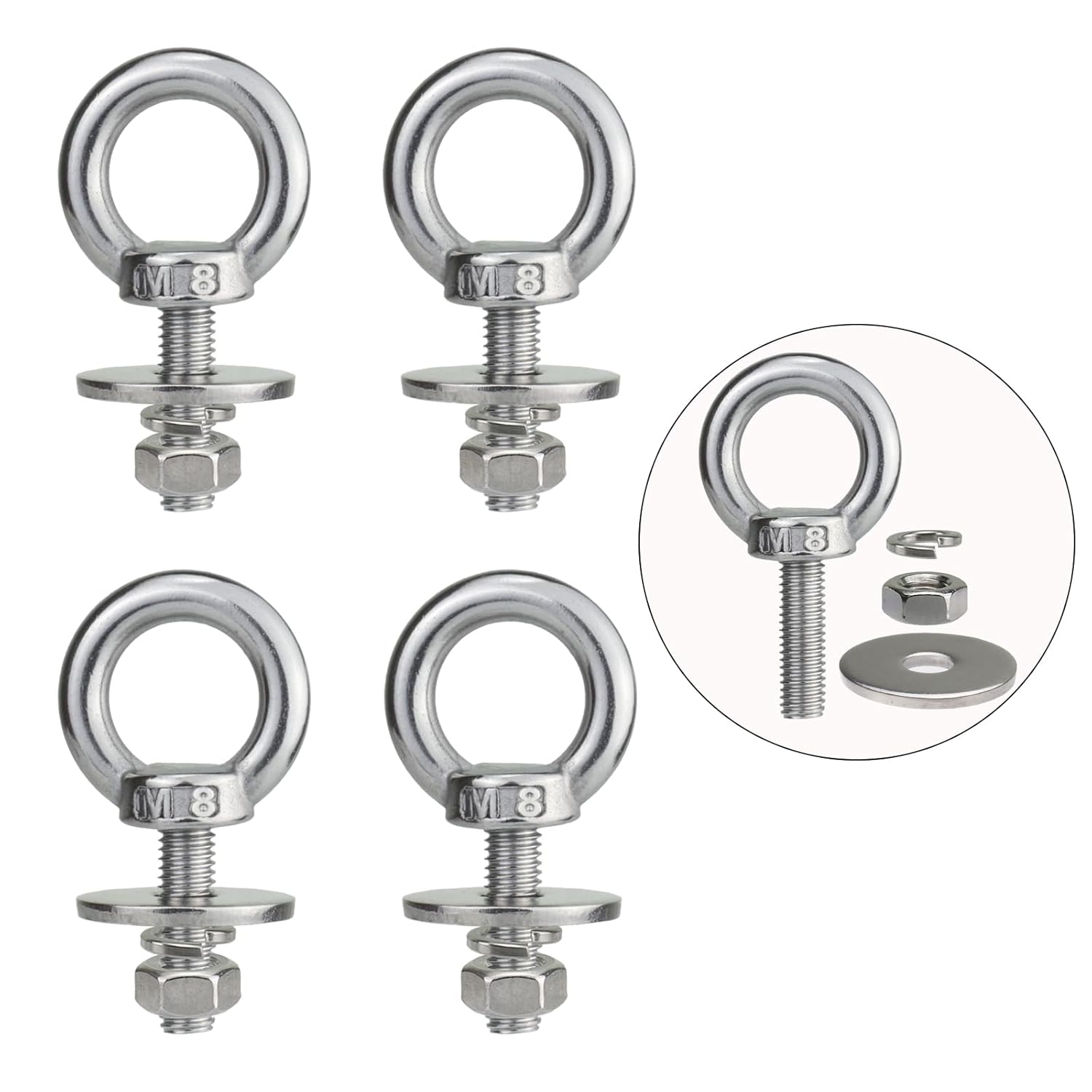 M8 Stainless Steel Eye Bolts with Nuts 4 Pack, 5/16" x 1" Lifting Ring Eye Bolt for Tire Swing Boat (Metric M6 – M14 x 1 2 4 6 inch Available), Threaded Shoulder Eyebolts Hang Tie Down Outdoor