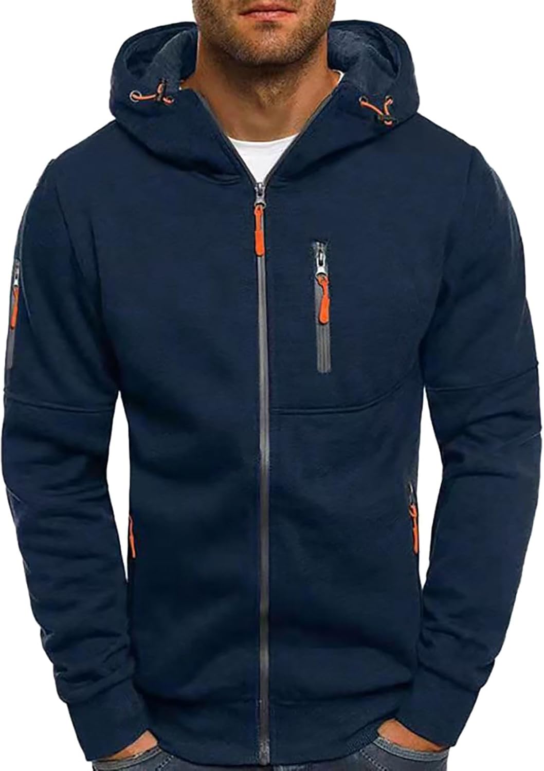 Zip Up Hoodies For Men, Slim Fit Hoody Tops With Pockets Solid Color Sweatshirts Stretchy Patchwork Sportwears Lightweight Breathable Hooded Outerwears Casual Fashion Workwear