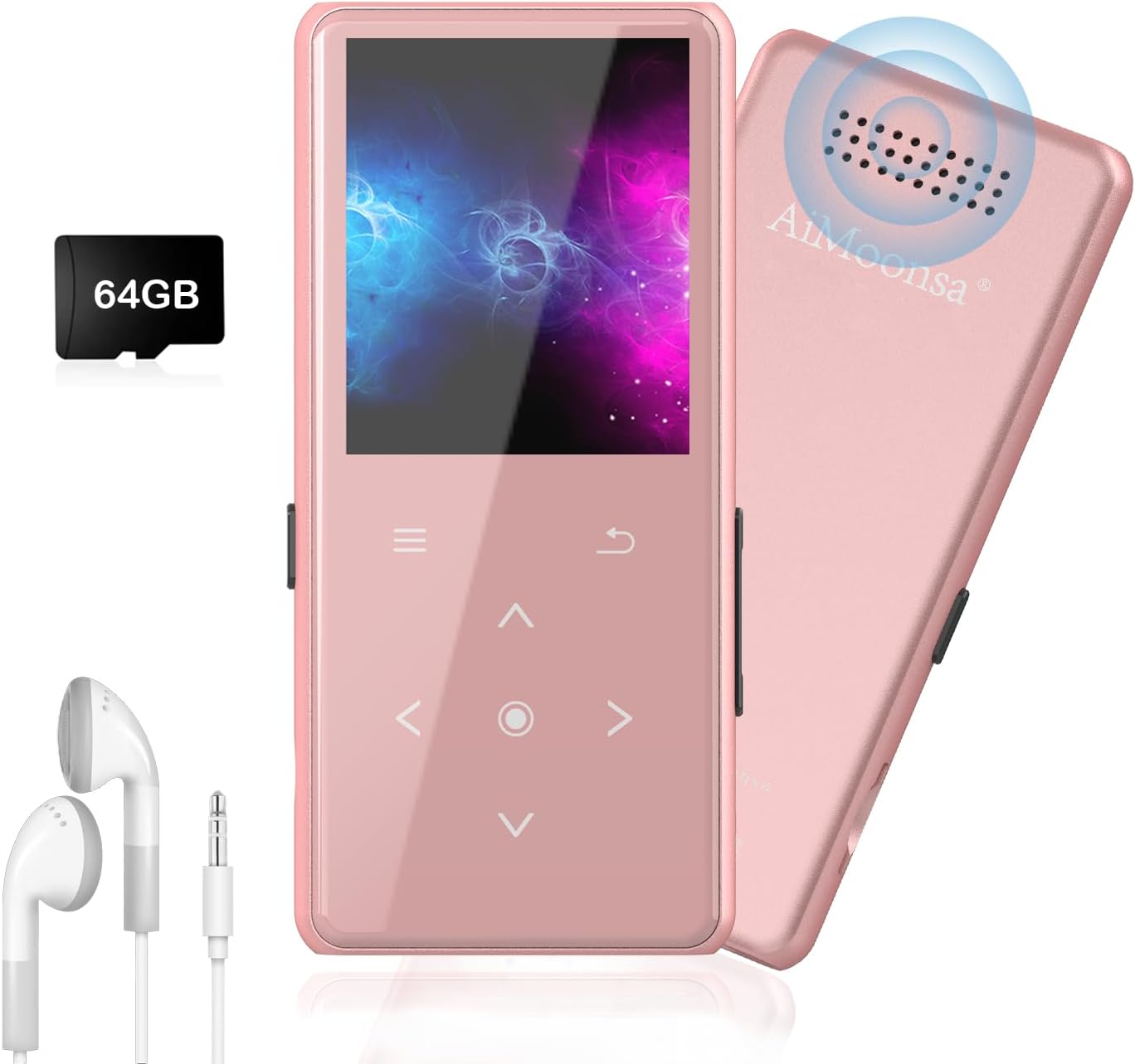 64GB MP3 Player with Bluetooth 5.2, AiMoonsa Music Player with Built-in HD Speaker, FM Radio, Voice Recorder, HiFi Sound, E-Book Function, Rose Gold