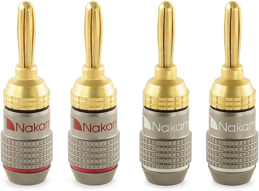 Nakamichi FanLock Excel Series 24k Gold Plated Banana Plug 10 AWG - 18 AWG Gauge Size 4mm for Speakers Amplifier Hi-Fi Stereo Home Theatre Radio Audio Wire Cable Quick Connector, 4 Pcs (2-Pairs)