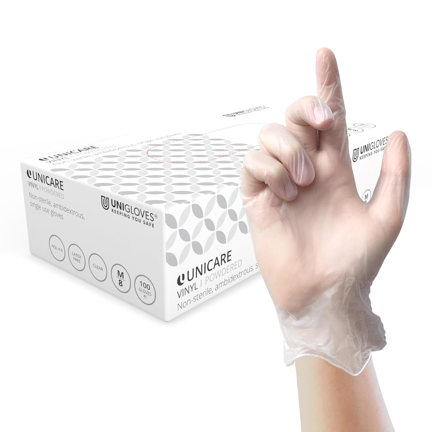 Unigloves Unicare Clear Vinyl GS0073 Examination - Multipurpose, Lightly Powdered, Latex Free Disposable Gloves, Box of 100 Gloves, Clear, Medium