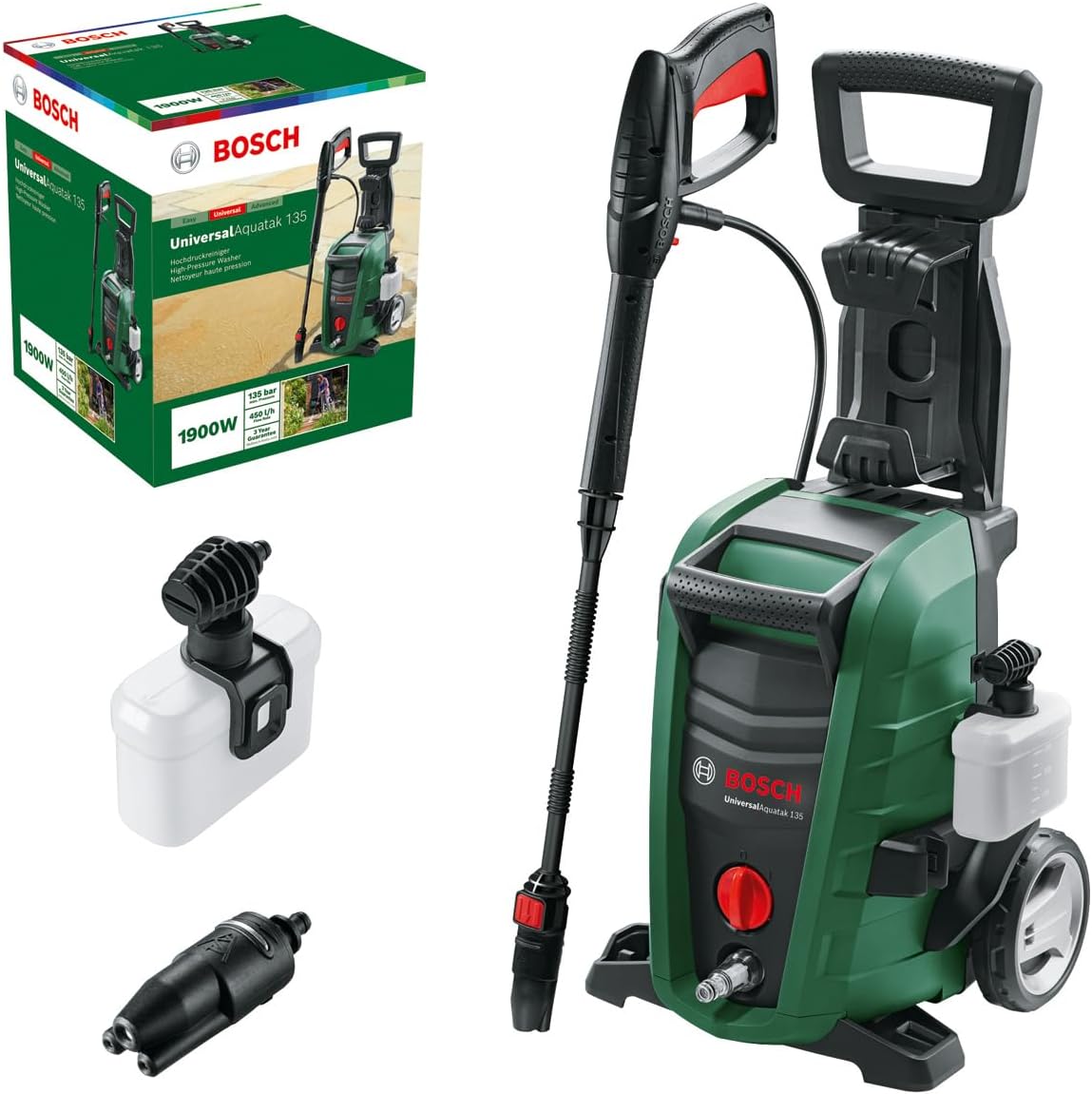 Bosch High Pressure Washer UniversalAquatak 135 | 1900 W, 135 Bar Pressure, 450 l/h Flow Rate, with 3-in-1 Nozzle, Detergent Nozzle, and Carrying Handle