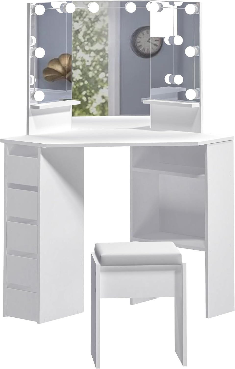 Panana Corner Dressing Table with LED Light, Vanity Table with 5 Drawers and Stool, Makeup Table for Home Furnature (White-Bulb)