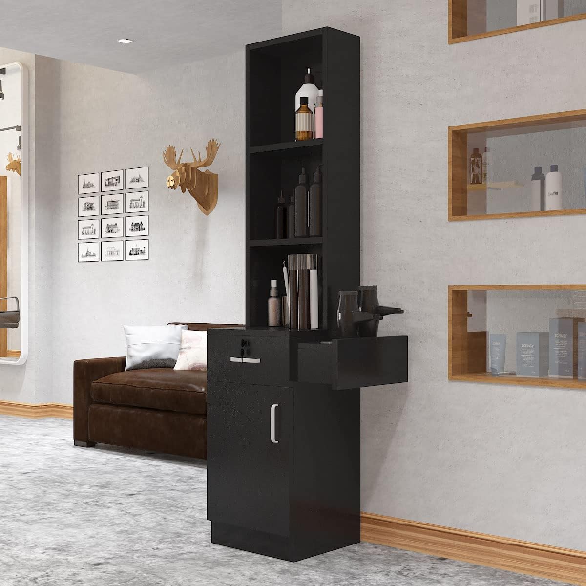 Barber Salon Work Station for Hair Stylist Locking Salon Equipment Barber Supplies Organizer Cabinet Barbershop Furniture w/Appliance Holders(Black2)
