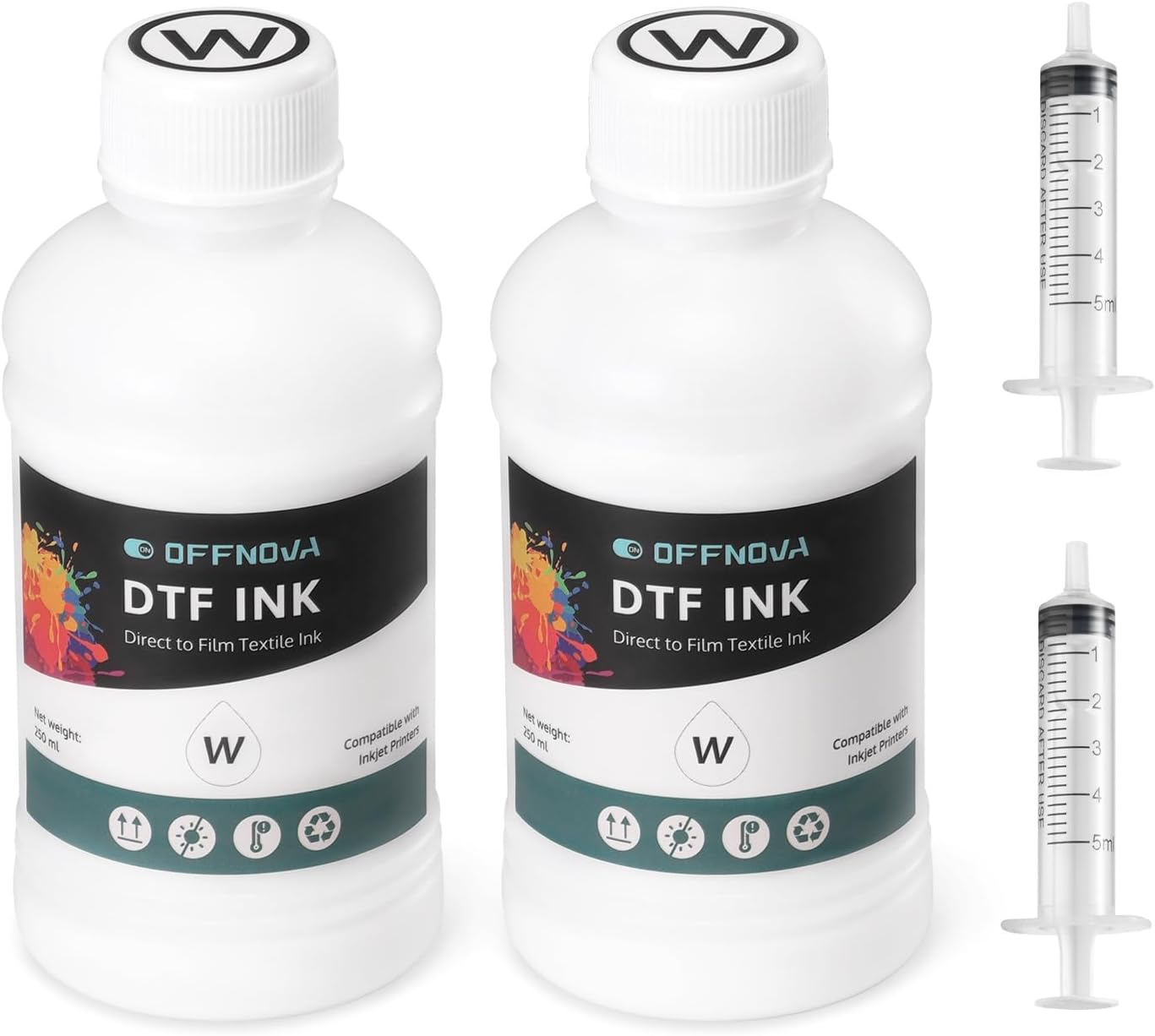 OFFNOVA Premium DTF White Ink 500ML, DTF Ink Refill for DTF Inkjet Printer ET-8550, XP-15000, L1800, L805, R1390, R2400, Direct to Film Heat Transfer Printing (250mlx2)