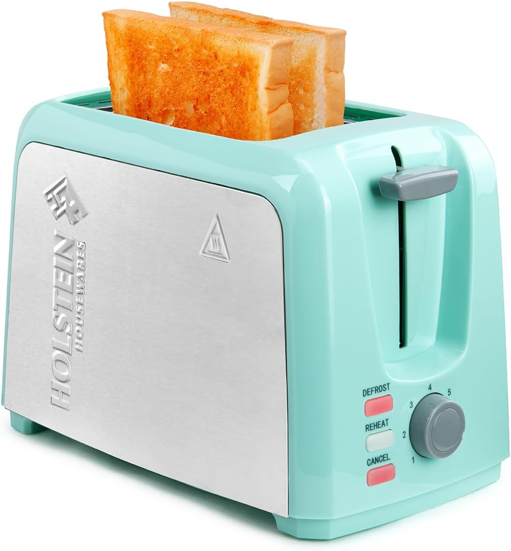 Holstein Housewares - 2-Slice Toaster with 7 Browning Control Settings, Mint/Stainless Steel - Great to Toast Bread, Bagels and Waffles