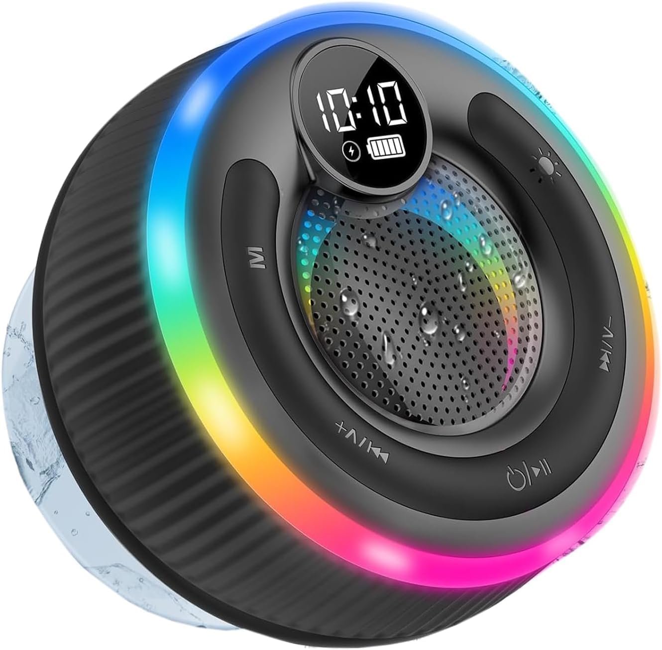 Bluetooth Shower Speaker, Portable Bluetooth Speaker 5.3 with Time Display, 2025 IPX7 Waterproof with Suction Cup, RGB Lights, Stereo Bass, Wireless for Bathroom/Party/Outdoor/Travel, Black