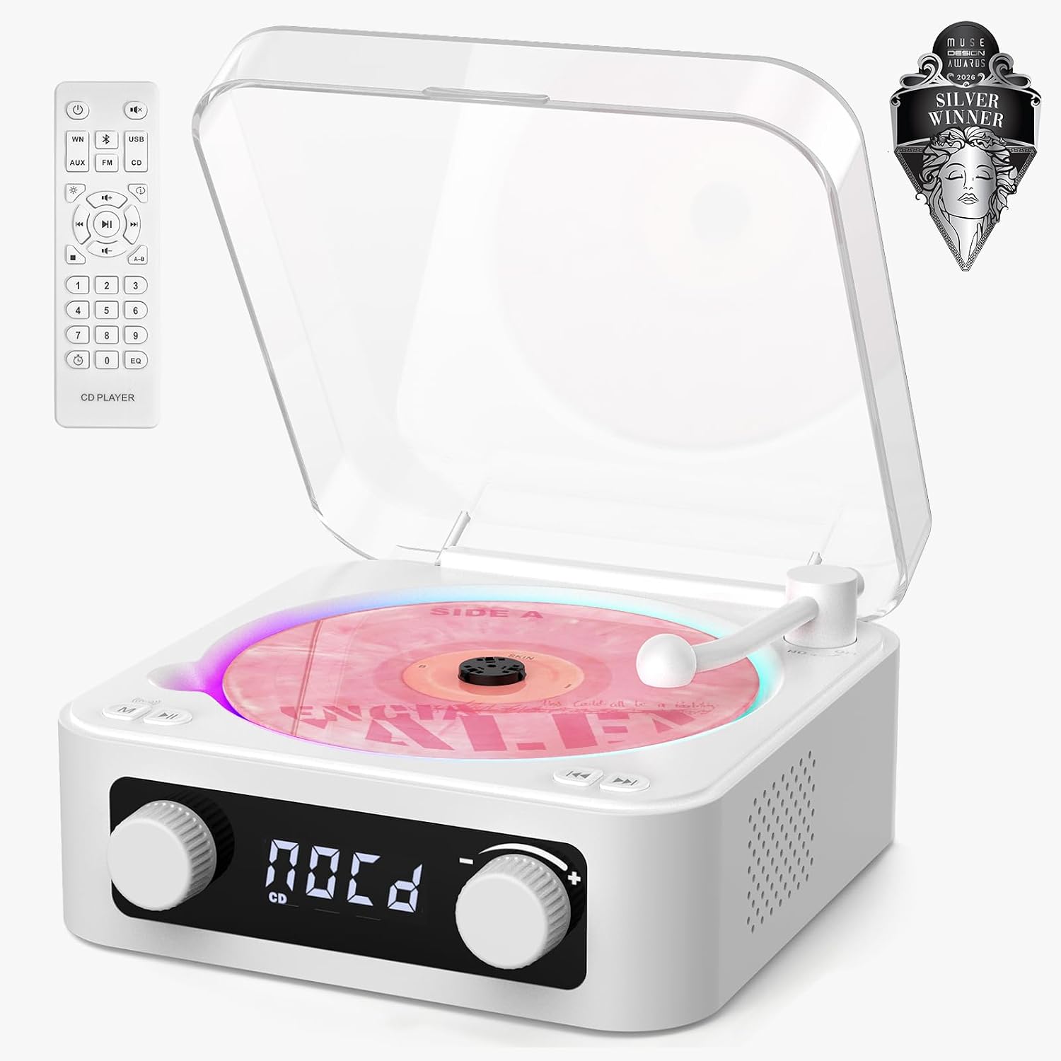 CD Player with Built-in Speakers Portable Bluetooth Input&Output Desktop CD Players for Home with Screen Display, Ambient Lighting, FM Radio, White Noise Mode, Remote Control, USB Type-c (White)