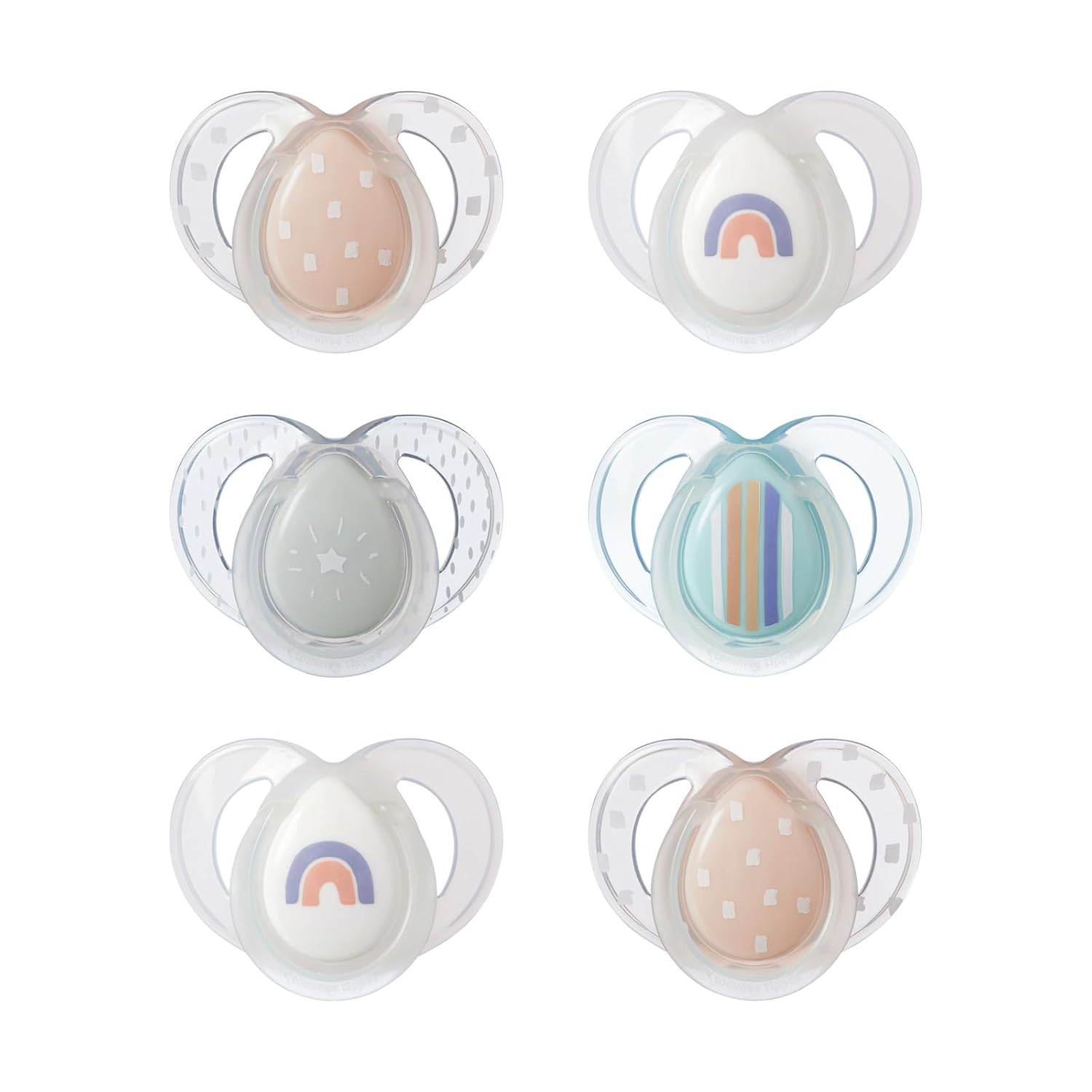 Tommee Tippee Night Time Pacifier, 6-18 Months, Symmetrical Silicone Baglet, BPA-Free Binkies, Glow in The Dark Technology, Pink Rainbow, Pack of 6