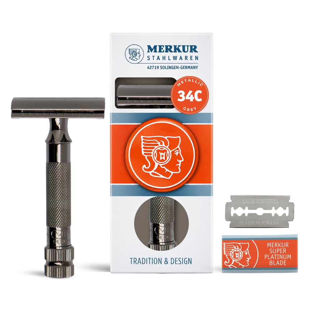 MERKUR 34 2-Piece Double-Edge Safety Razor for Men in Metallic Grey Finish with Standard Handle and Closed Comb — Made in Germany, Plastic-Free
