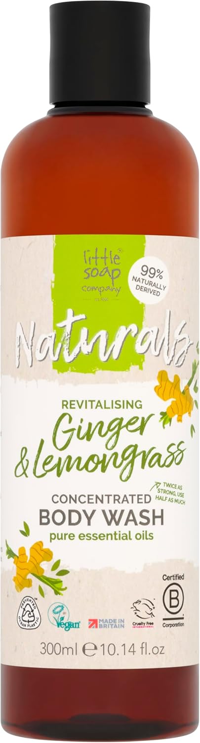 Little Soap Company Naturals Range: Ginger & Lemongrass Body Wash | Natural & Vegan Shower Gel, Perfect for Sensitive Skin | Antibacterial, Calming, Eco-Friendly | Recycled Plastic Packaging | 300ml