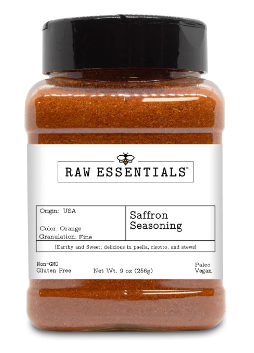 Raw Essentials Saffron Seasoning - Earthy and Sweet - Delicious in Paella, Risotto, and Stews - Luxurious Seasoning that is Non GMO, Gluten Free, Paleo and Vegan - 9 Ounce Bottle