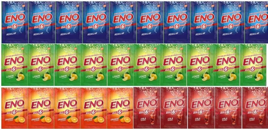 Eno Fruit Salt Antacid- 5g Sachets- Variety Pack - Regular x 10, Lemon x 10, Orange x 5, Cola x 5 = Total 30 sachets | Effervescent Relief from Flatulence and Indigestion Issues | Quick & Effective
