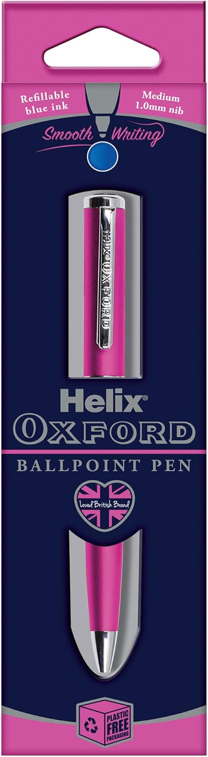 Helix Oxford Premium Pink Ballpoint Pen (Blue Ink) - Plastic Free Packaging, 209822
