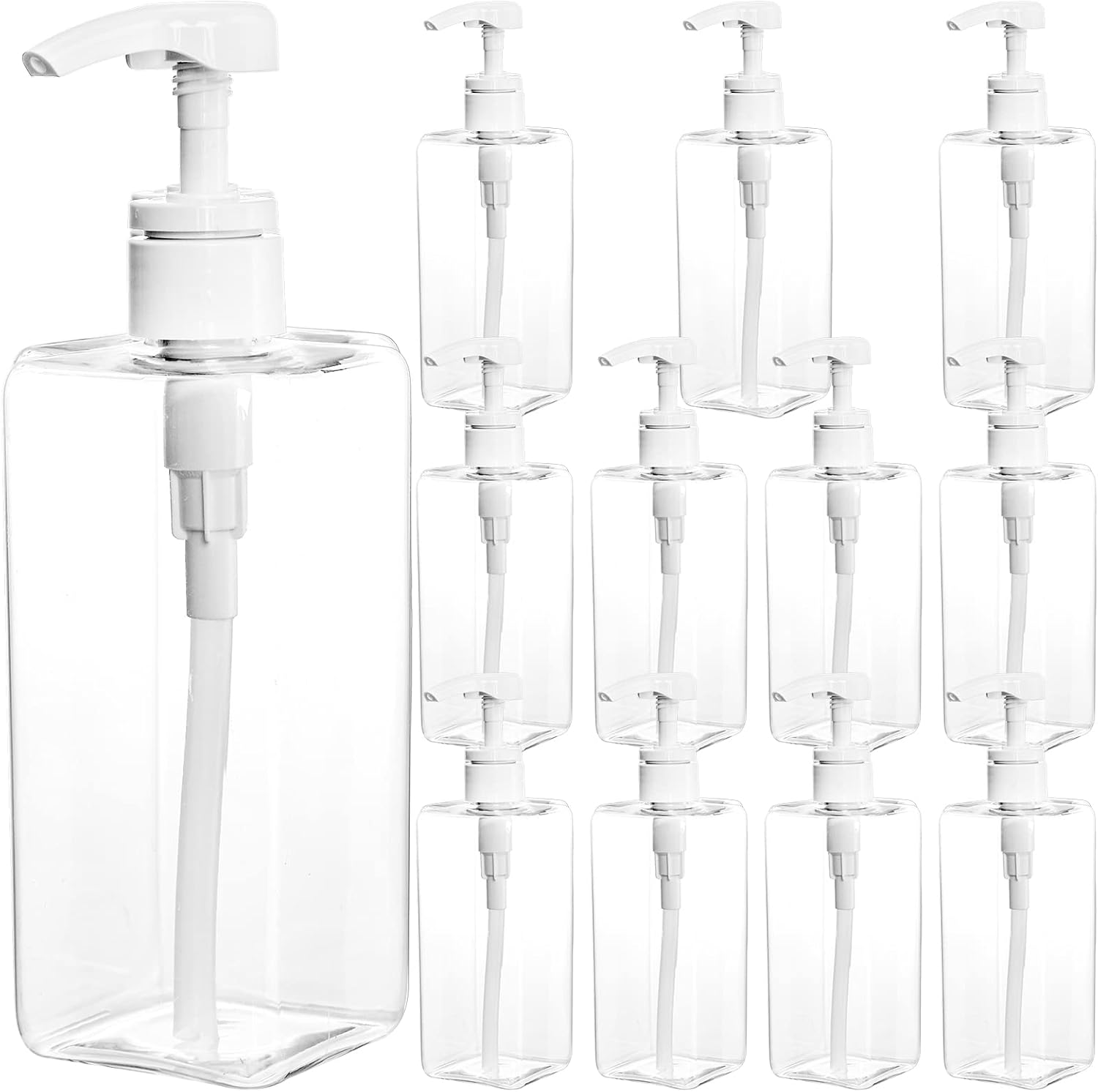 Okllen 12 Pack 500 ML Plastic Pump Bottles, Empty Refillable Container Liquid Soap Dispenser for Shampoo, Lotion, Cleaning Products, Kitchen, Bathroom, Clear Square