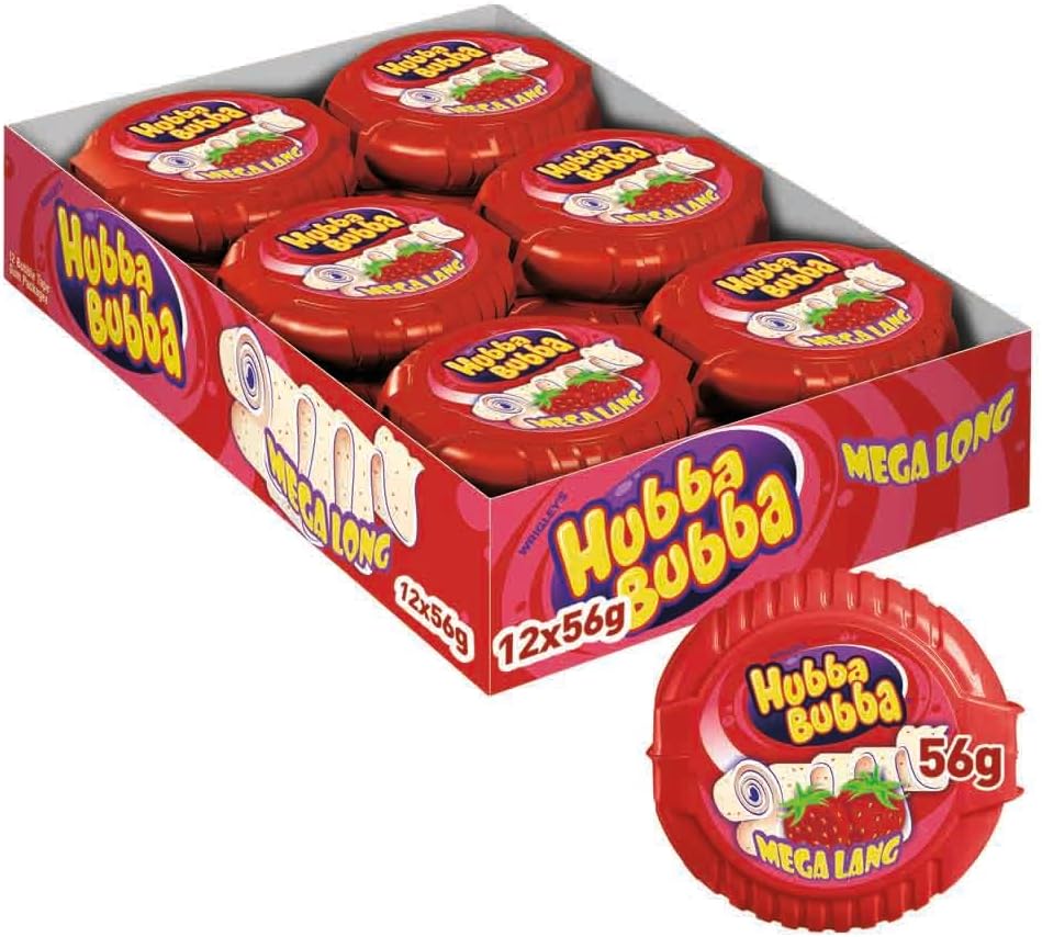 Hubba Bubba Chewing Gum, Snappy Strawberry, Mega Long Tape, 12 Packs of 180 cm