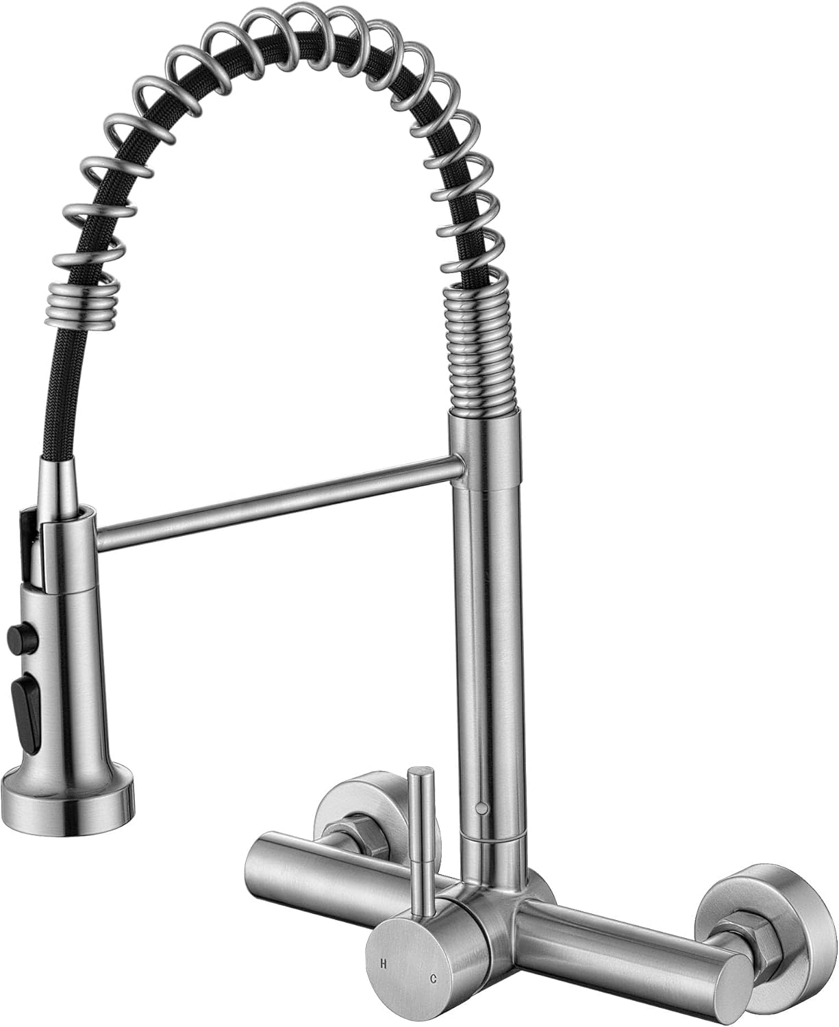 Wall Mount Kitchen Faucet with Pull Out Sprayer, 8 Inch Center Commercial Kitchen Sink Faucet, Spot-Free Stainless Steel, Easy Controlled Cold and Hot Water