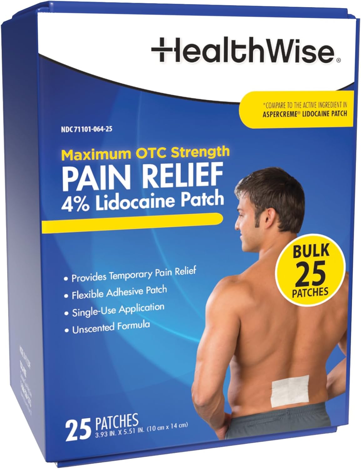 HealthWise 4% Lidocaine Pain Relief Patch | Maximum OTC Strength | 25-Count | 3.93” x 5.51” | Soothes Minor Aches and Pains | Odor Free | Topical Anesthetic | Easy to Apply Flexible Adhesive