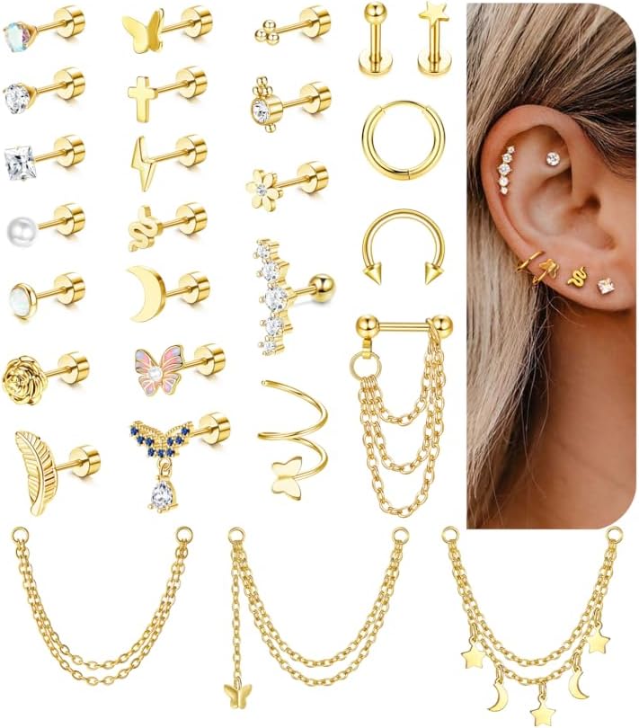 27 Pcs Flat Back Earrings Hypoallergenic Surgical Steel Cartilage Stud Earring Stacks Set for Mutiple Piercing Dainty Chain Dangle Conch Tragus Daith Helix Piercing Jewelry for Women Men Trendy 16G