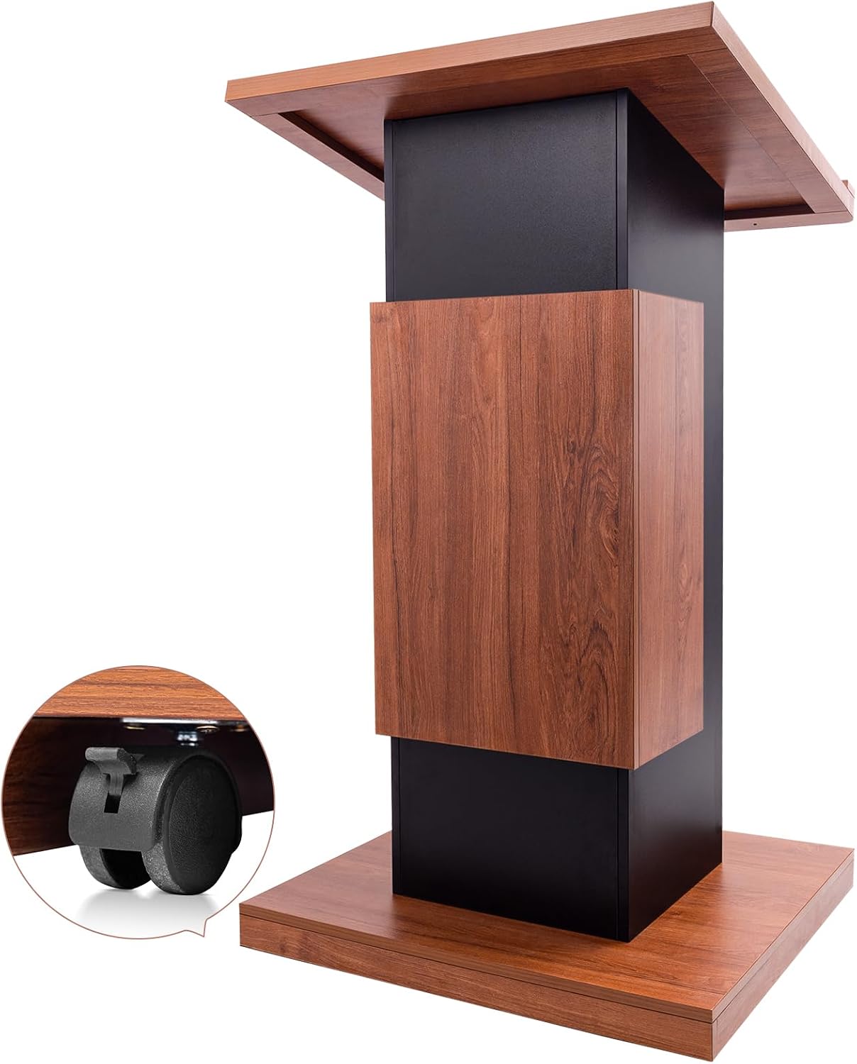 118CM Wood Podium Stand with 4 Lockable Wheels，44.6“ Wooden Lectern with Storage，Wooden Standing Pulpit with Wire Hole for Office School Conference Restaurant Meeting Auditorium