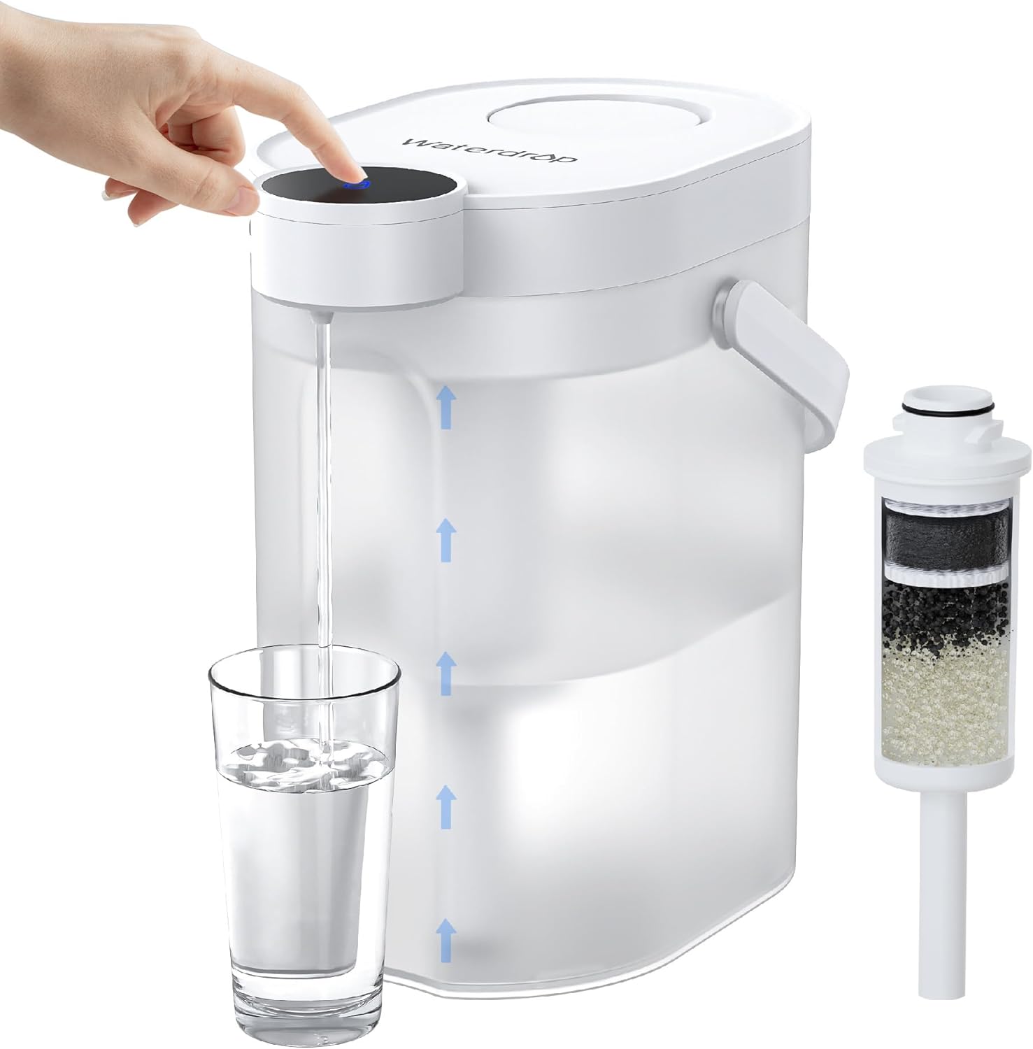 Waterdrop FreshTaste Instant Water Filter Pitcher, Rechargeable Powerful Dispenser, Reduce Chlorine, Lead, Copper, Purify, Soften Water, 17-Cup, White, Does not Lower TDS