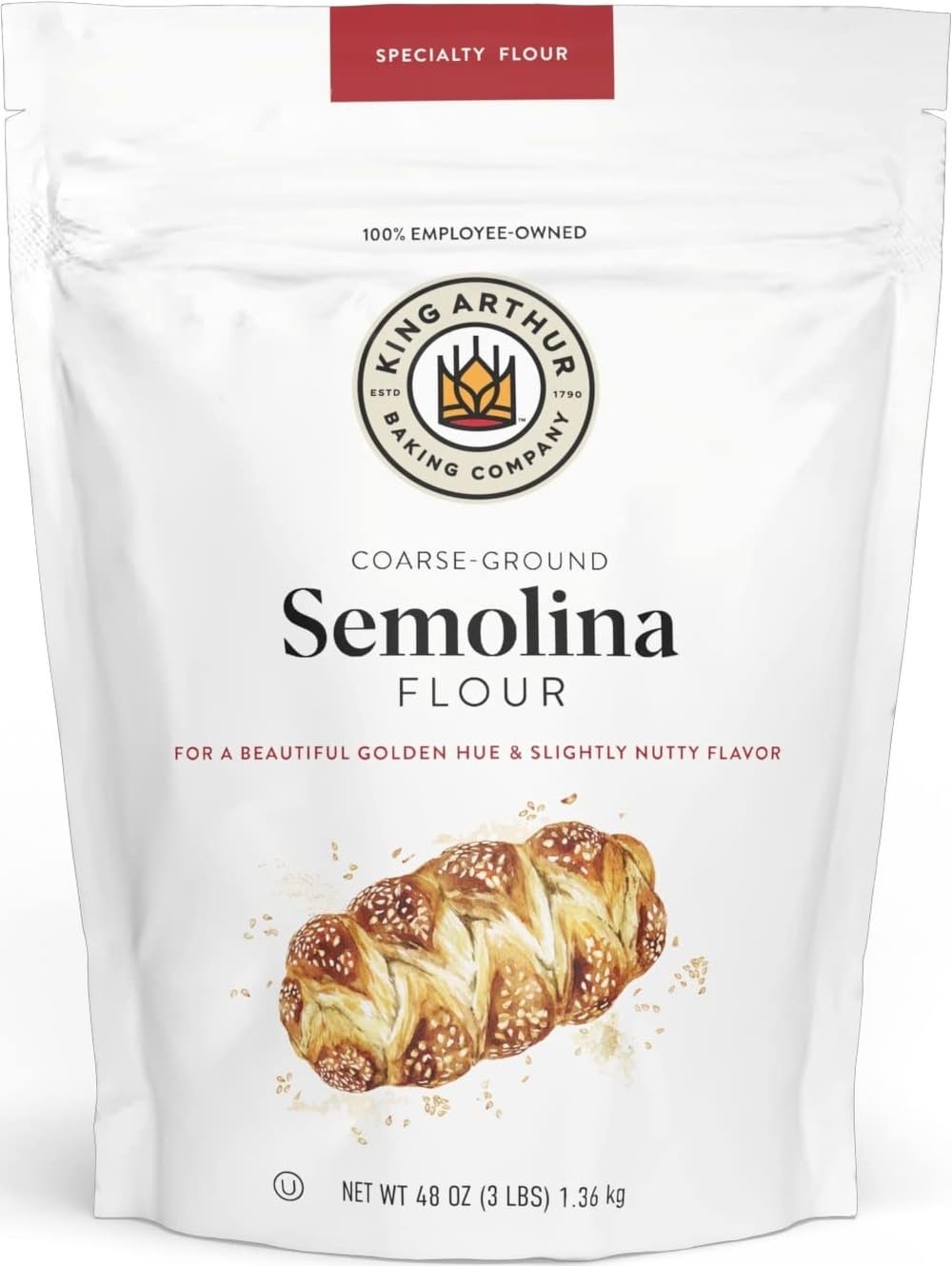 King Arthur Premium Semolina Flour: Coarse Ground, High Protein Durum Wheat for Perfect Pasta, Pizza, and Bread Making - Kosher, 3 lbs Resealable Bag, USA-Grown Wheat, Versatile Baking Ingredient
