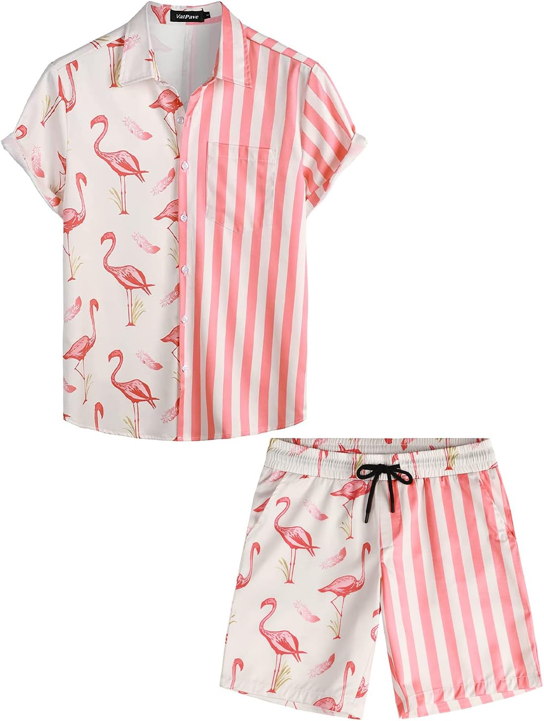 VATPAVE Mens Flamingo Hawaiian Sets Casual Short Sleeve Button Down Shirts Summer Outfits