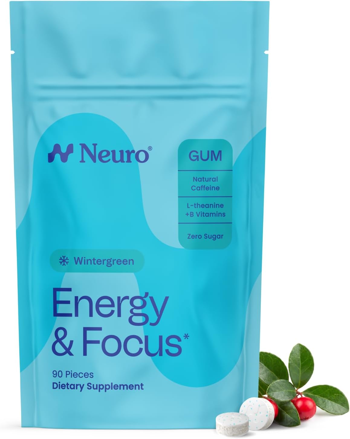 Neuro Energy & Focus Gum, Wintergreen, 90 Count | 40mg Natural Caffeine Gum, 60mg L-Theanine, Vitamin B6 + B12, Sugar Free, Vegan, Clean Nootropic Energy & Focus Supplement