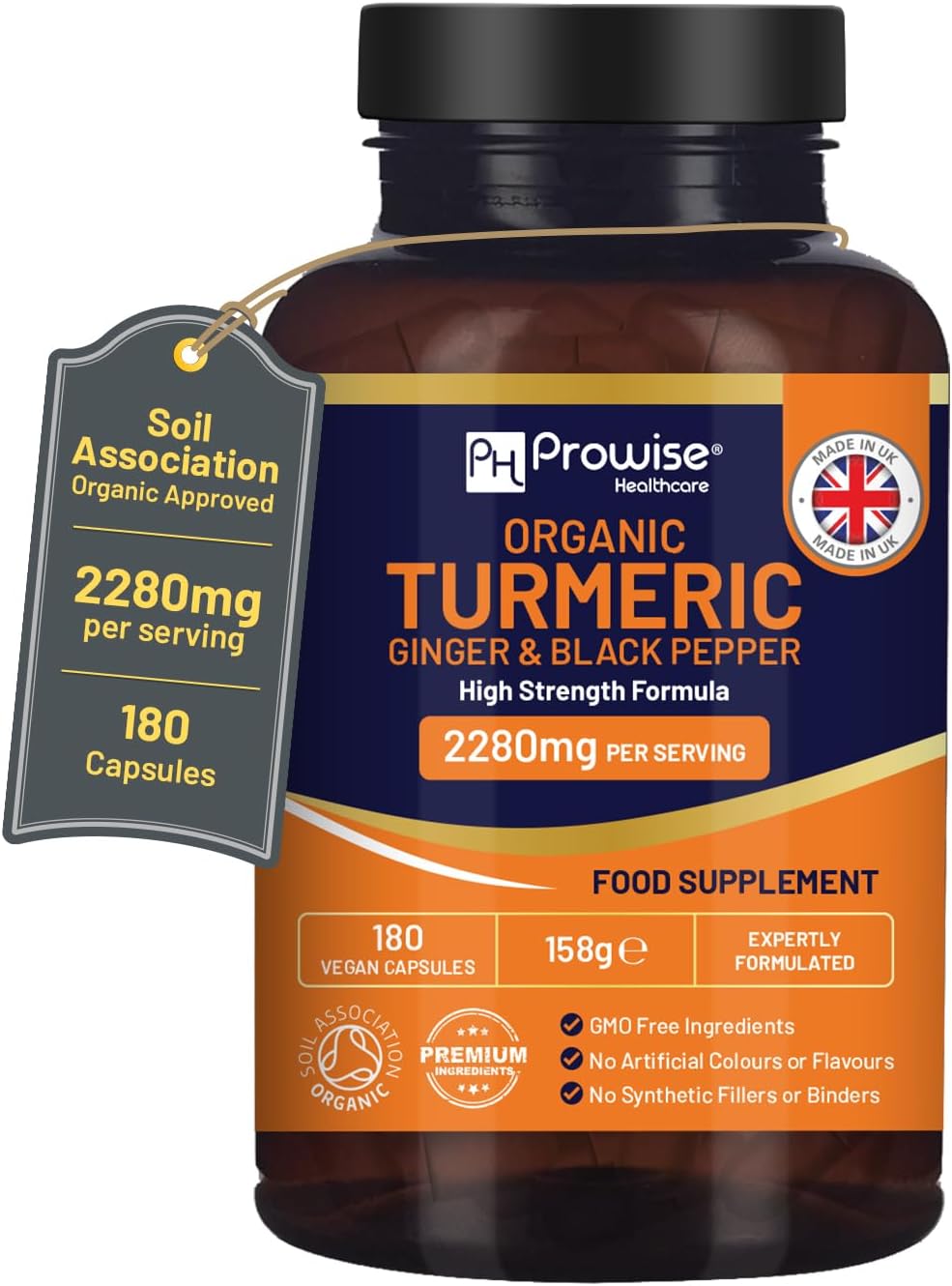 Turmeric 2280mg (High Strength) with Black Pepper & Ginger - 180 Vegan Turmeric Capsules with Active Ingredient Curcumin I UK Made by Prowise Healthcare