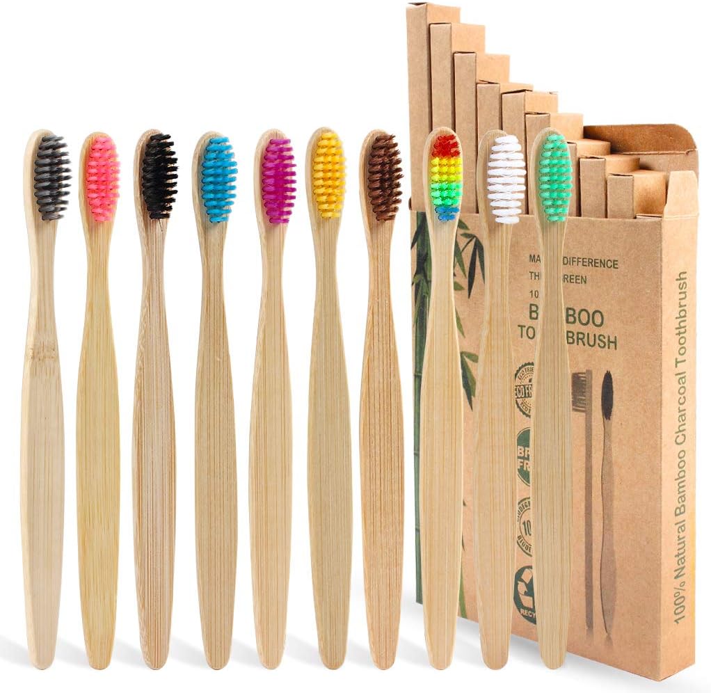 SWKJ Bamboo Toothbrushes with Soft Bristles,10 Packs of Biodegradable Organic Natural Wooden Toothbrush for Adult Kids, Eco-Friendly and Plastic Free Packaging for Family, Travel