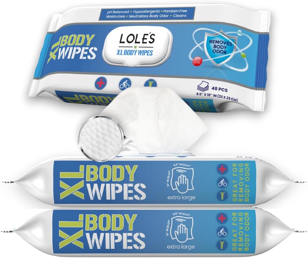 LOLE'S XL Body Wipes - Cleansing No Shower Bed Bath Wet Wipes for Adults - Large & Fresh - Ideal for Camping, Gym, Travel, Hospital (2pk x 48)