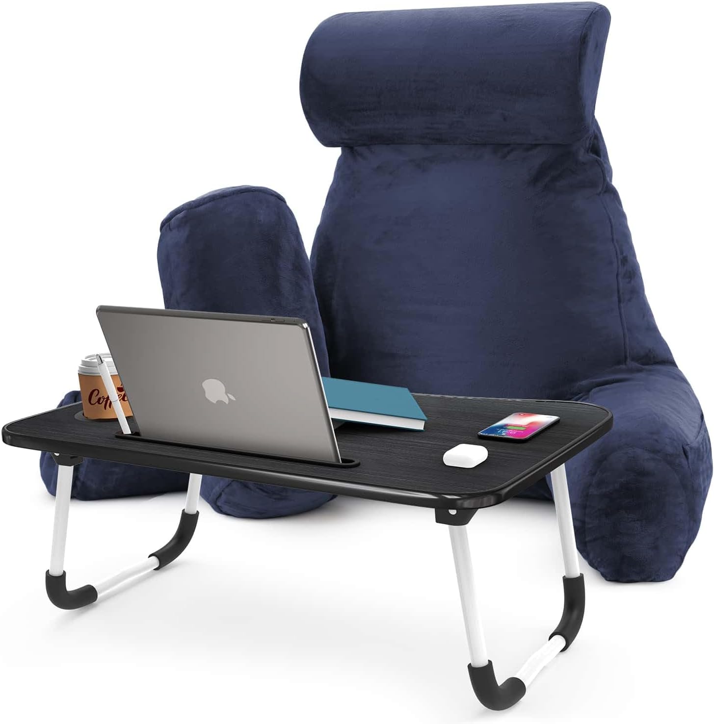 Nestl Reading Pillow with Portable Laptop Lap Desk - Shredded Memory Foam Back Support Pillow for Sitting Up in Bed and Couch Rest Pillows with Arms, Bed Tray Table with Foldable Legs, Navy
