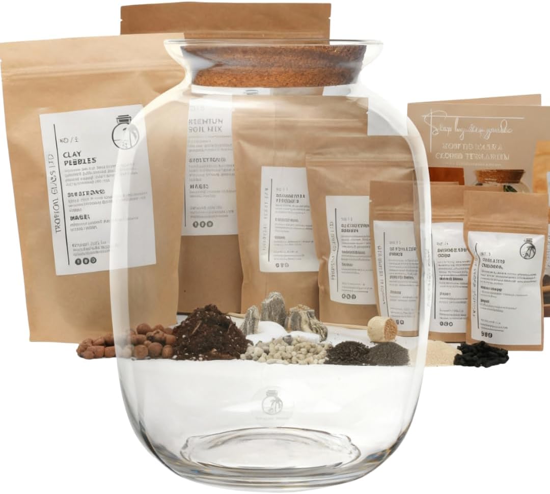 Terrarium Glass Jar with Cork Lid for Plants H: 32 cm, Glass Planter Pot, Closed Terrarium, Office Home Decoration (with Standard Lid, Glass + Starter Kit)