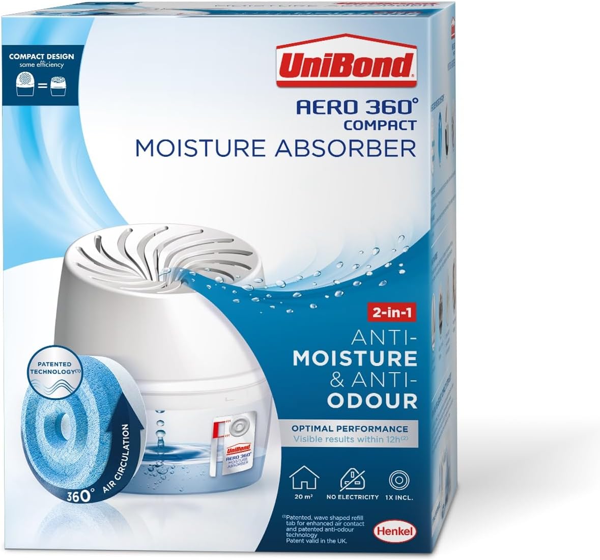 UniBond AERO 360° Humidity Absorber with 1x Refill, Dehumidifier for Effective Air Circulation, Humidity Controller Reduces Excess Moisture, 1 Device incl. 1 refill tab 450g