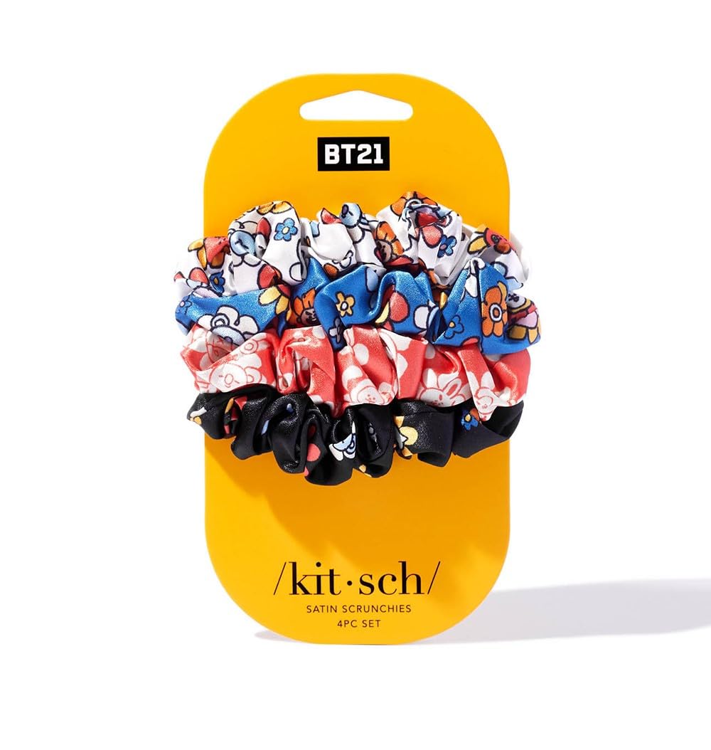 Kitsch x BT21 Satin Scrunchies for Women - No Crease Hair Ties for Girls | Scrunchies For All Hair Types and Textures, Perfect for Day or Night - 4 Pcs