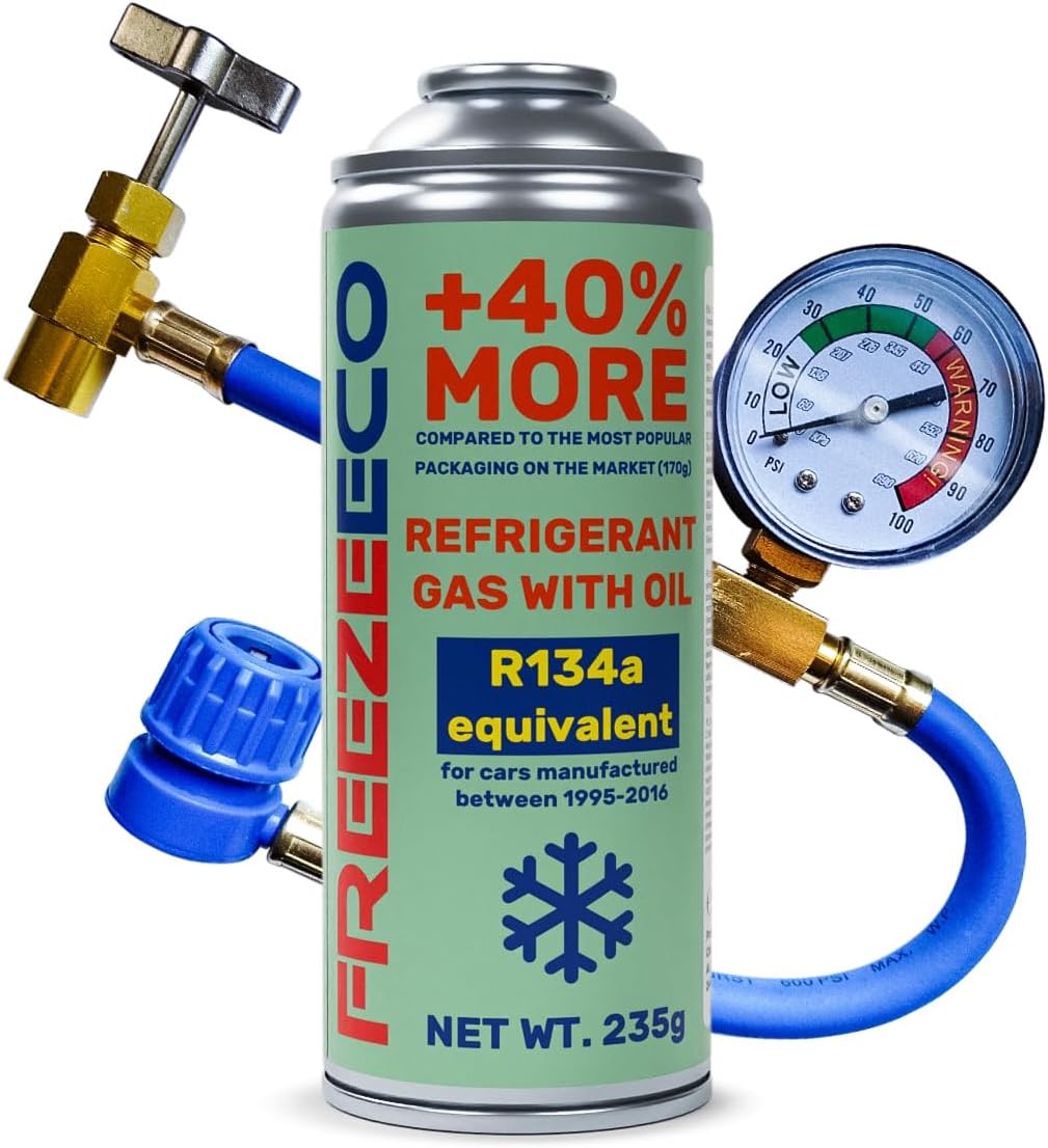 FreezeECO Set of 2: 2-in-1 Gas with Oil Refrigerant 235 g Type A + Pressure Gauge Hose 15/30 cm FE Type A [R134a/R12 Equivalent - Cars 1995-2016] Type A (11.5 mm) 235 g