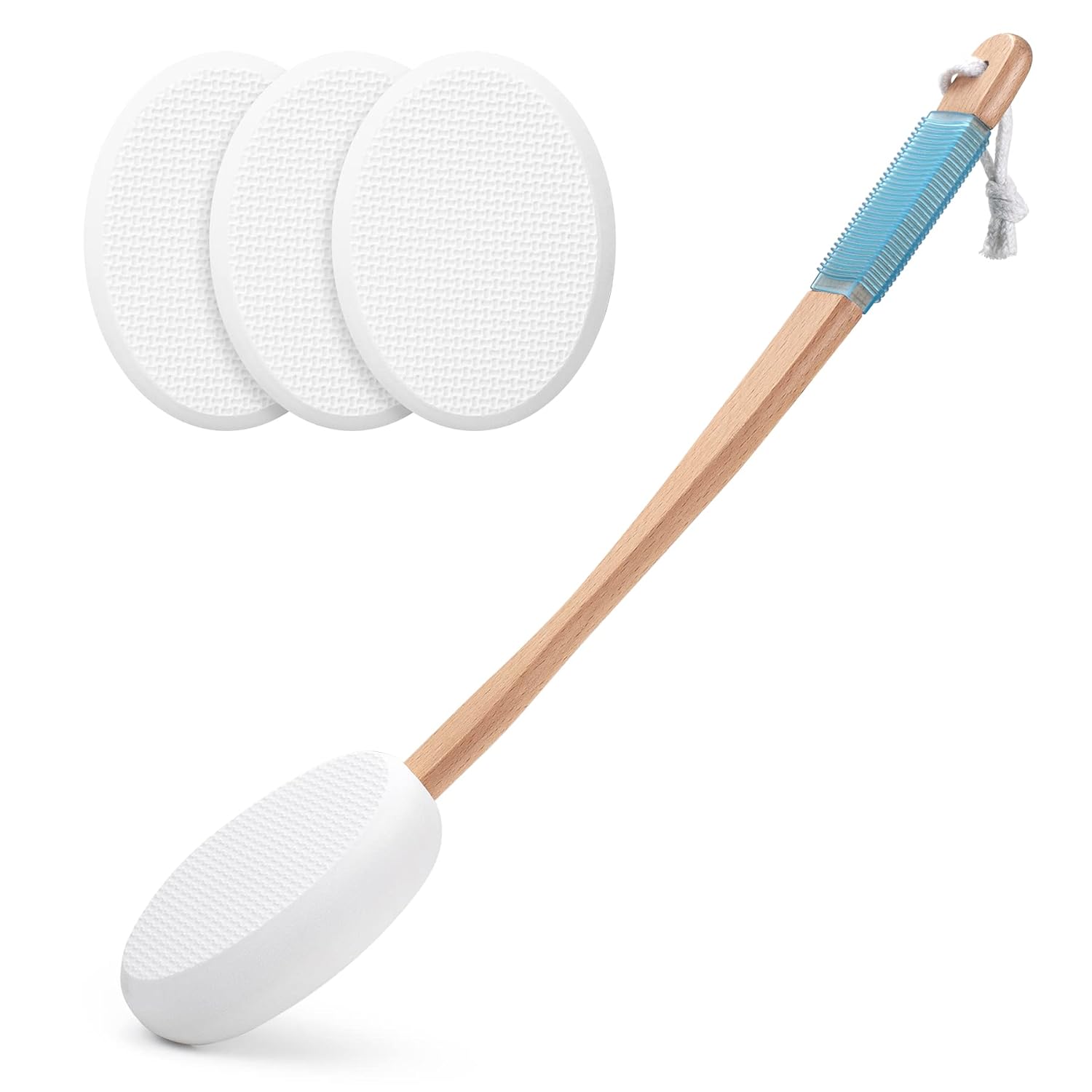 AmazerBath Lotion Applicator for Back, Feet, 4 Replacement Pads with 17" Curved Handle, Back Sunscreen Applicator for Kids, Elderly, Women, Apply Skin Cream Medicine Moisturizer Tanner, White