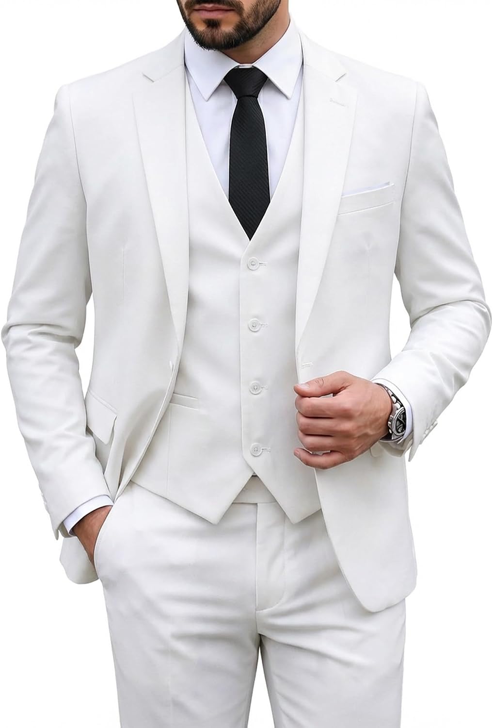 MY'S Men's 3 Piece Suit Set with Tie, One Button Slim Fit Solid Jacket Vest Pants, Prom Party Wedding Business Suits for Men