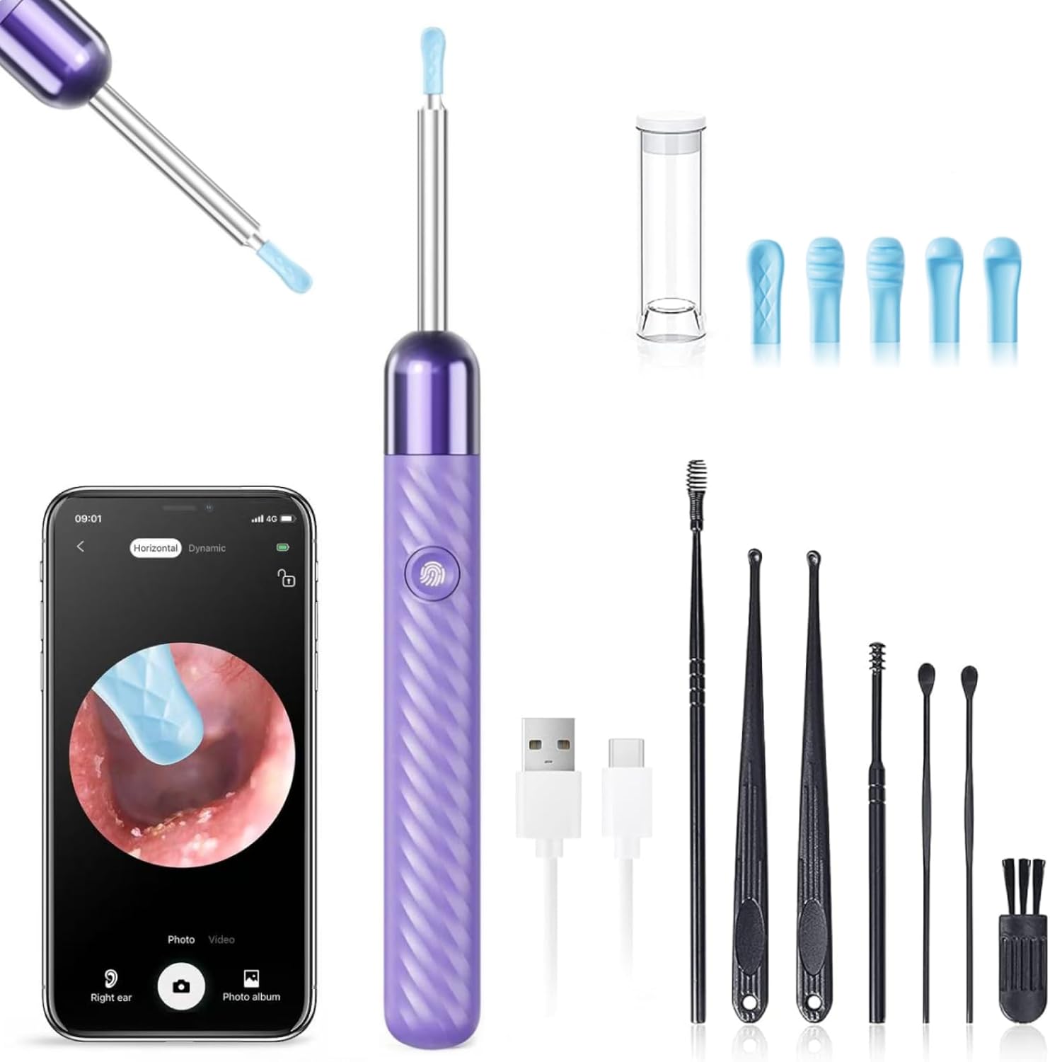 LEIPUT Ear Wax Removal Tool - Ear Cleaner with 1080P Camera - Ear Canal Cleaner - Ear Cleaning Kit with 6 Ear Spoon - Ear Camera for iOS & Android - Purple