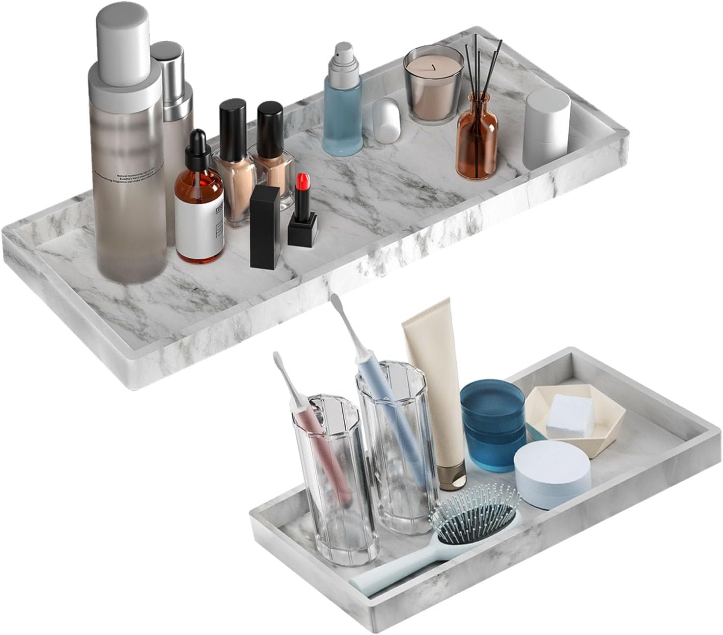 BBK Bathroom Vanity Tray - 2 Pack (7.8" and 11.8") Silicone Bathroom Trays for Counter, Perfume Key Trinket Ring Tray, Decor Soap Dispenser Countertop Tray for Kitchen Sink Organization (Marble Gray)