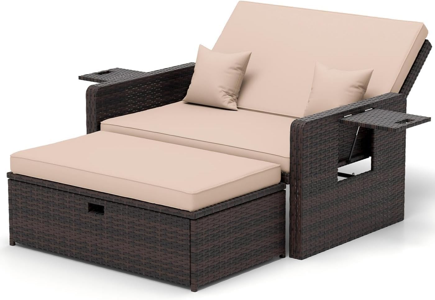 UDPATIO Garden Patio Rattan Daybed, Rattan Bed Sun Lounger with Storage Ottoman & Retractable Side Tray,5-Level Adjustable Backrest,Seat & Back Cushion Included, Brown+Black & Cream Cushions Covers