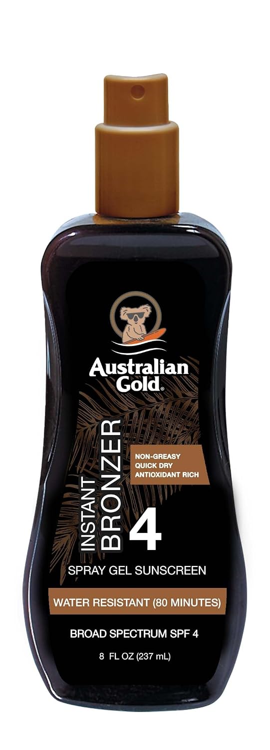 Australian Gold Spray Gel Sunscreen with Instant Bronzer SPF - 4, 8 Ounce | Moisturize & Hydrate Skin | Broad Spectrum | Water Resistant | Non-Greasy | Oxybenzone Free | Cruelty Free