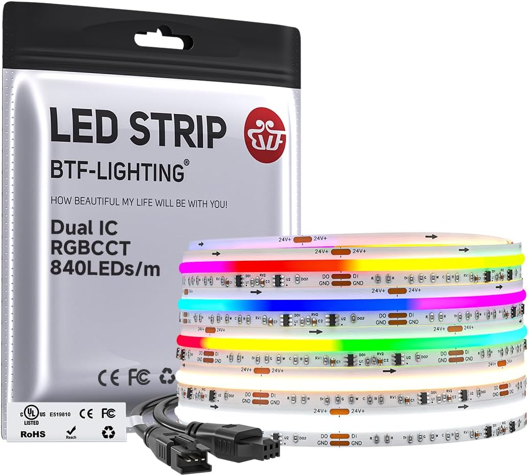 BTF-LIGHTING FCOB COB RGBCCT SPI LED Strip Dual IC 5M 840LEDs/m DC24V IP30