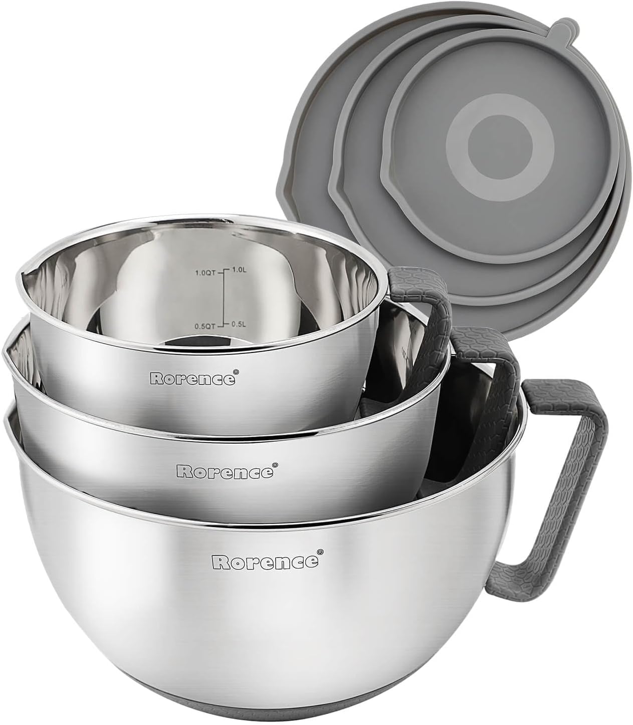Rorence Stainless Steel Mixing Bowls Set with Lids,1.5,3 & 5 Qt,Gray
