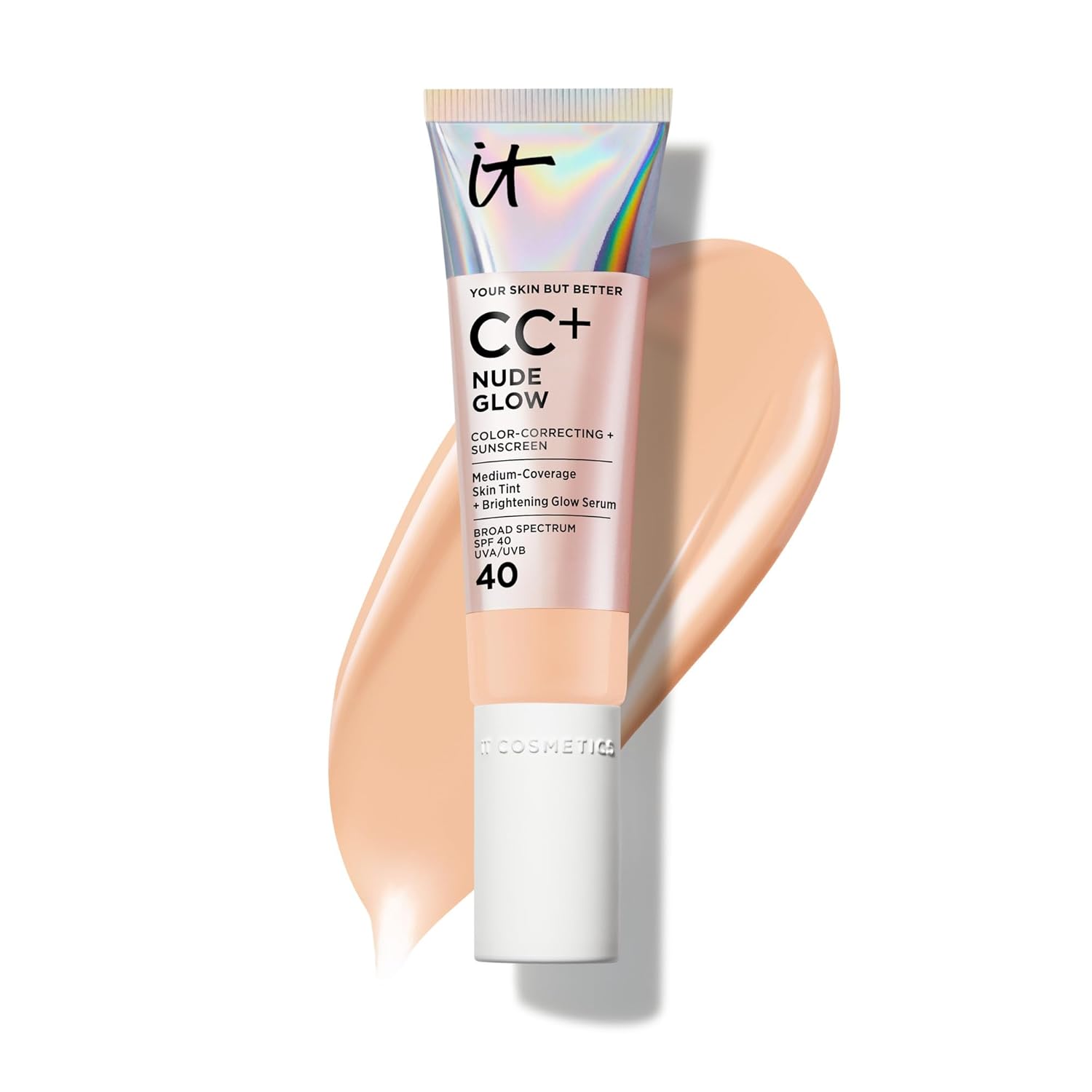 IT Cosmetics CC+ Nude Glow - Medium Coverage Foundation with SPF 40 & Brightening Glow Serum, Lightweight Skin Tint, 2% Niacinamide + Hyaluronic Acid, Up to 24H Hydration, Normal/Dry Skin - 1.08 fl oz