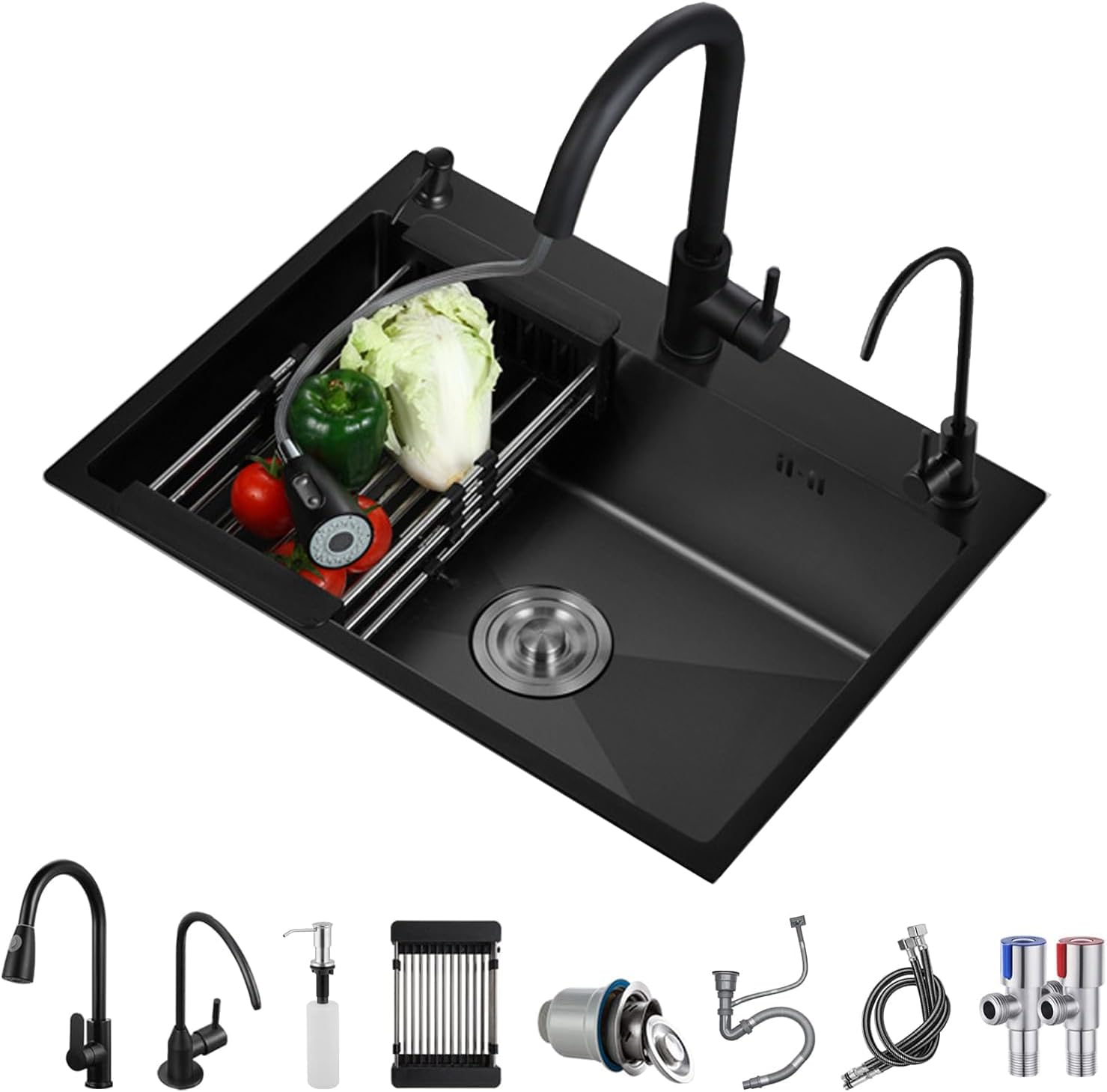 KELINGOUD Black Stainless Steel Kitchen Sink, Single Bowl Kitchen Sink, Drop in/Topmount Workstation Sink with Sliding Accessories, Farmhouse Workstation Sink with Multiple Accessories (50 x 45cm)