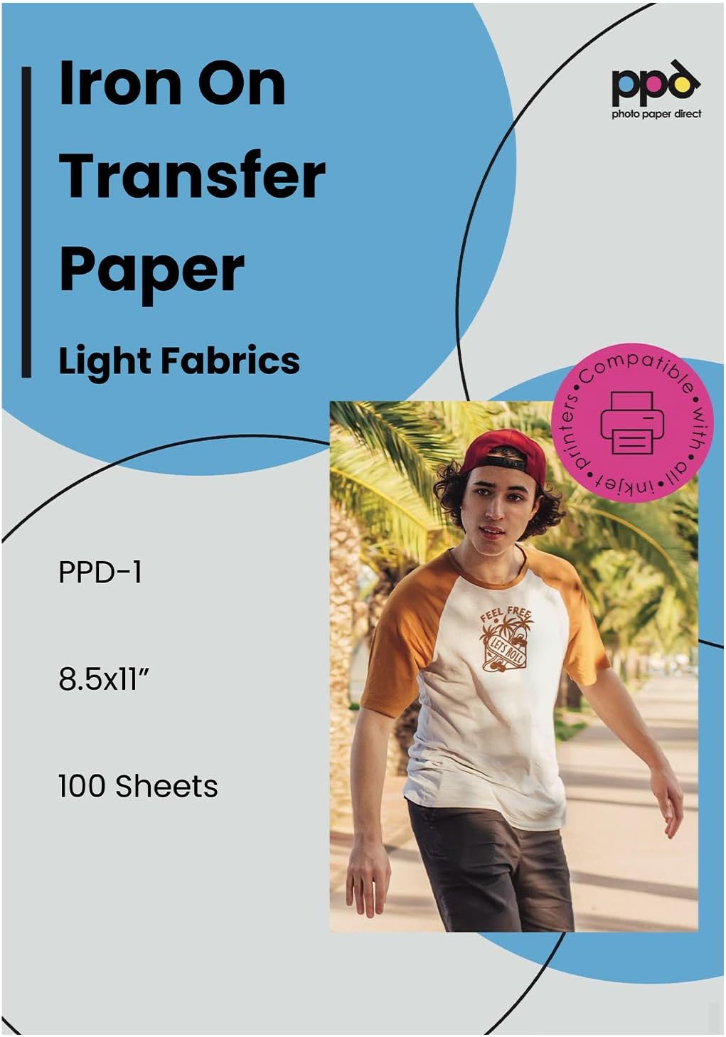 PPD Iron on Transfer Paper for Inkjet Printer for Light Fabric, A4, 8.5x11 Printable Paper for Clothing, T Shirts and Cotton Textiles, Print and Cut Heat Transfer, DIY at Home, Washable (100 Sheets)