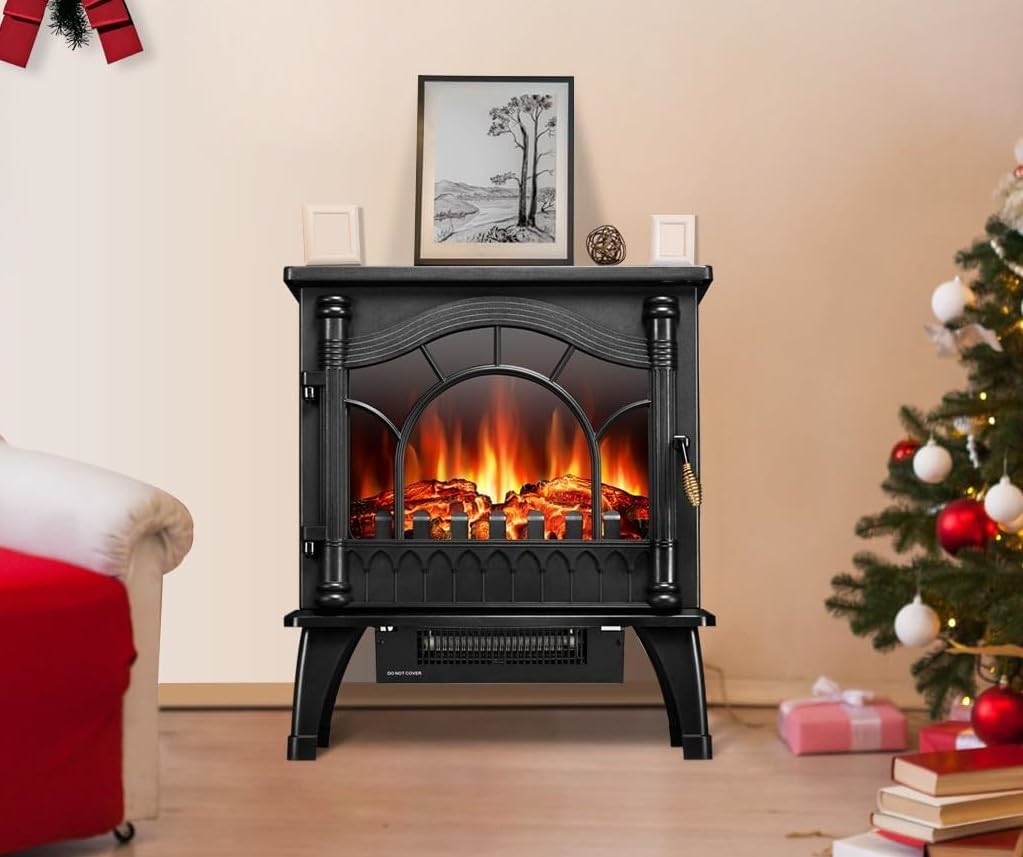 Marco Paul 1500W Black Glass Sided Electric Fireplace Heater with Thermostat Control Multi Function Free Standing Modern Electric Fire Energy Efficient Heating for Living Room Bedroom or Dining Room