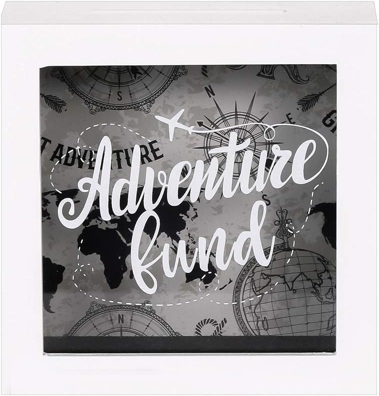6x6 Inch Adventure Fund White Shadow Box Frame Display Case Decorative Wooden Money Savings Bank Travel Fund Box Memory Box with World Map Background