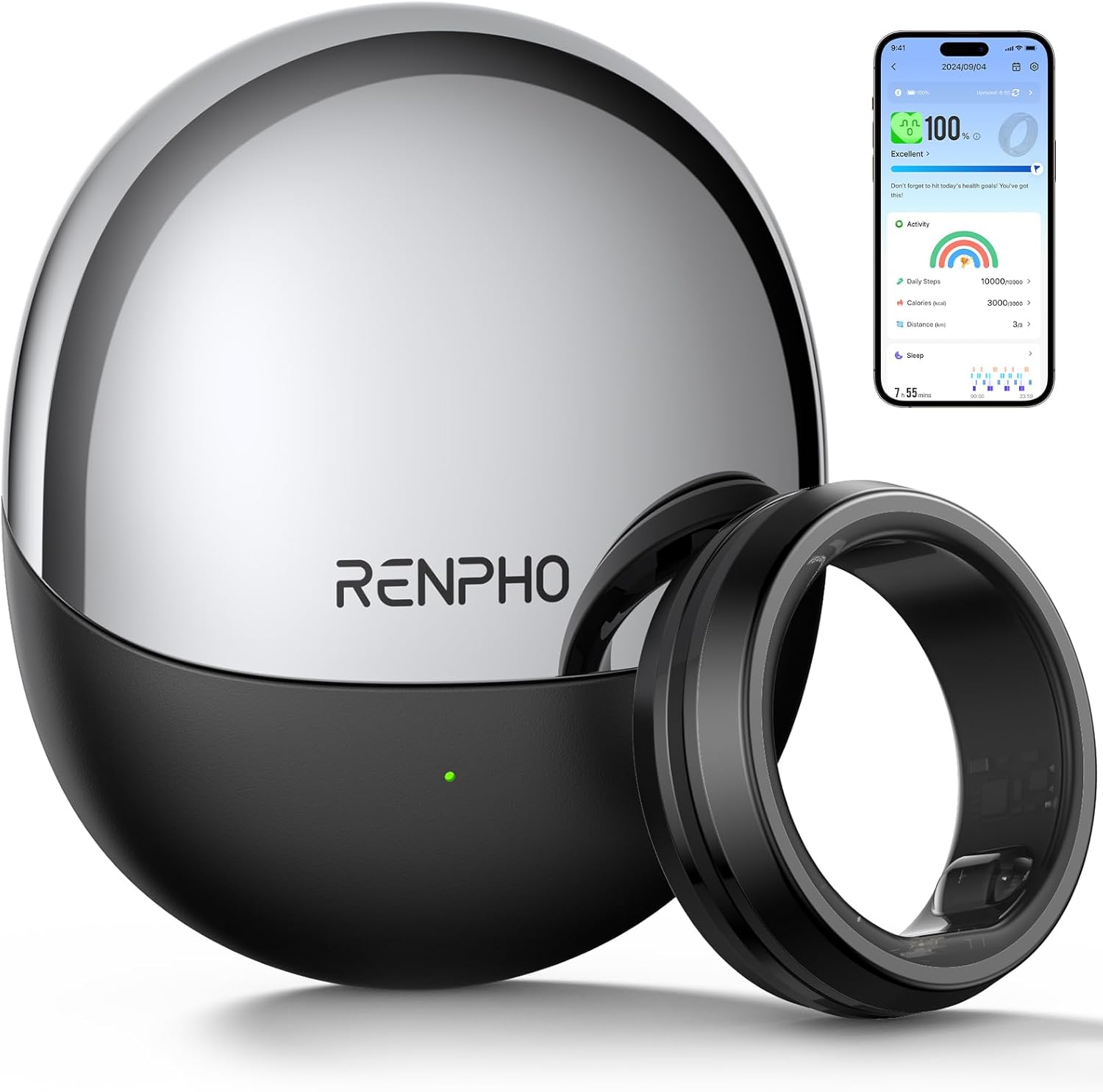RENPHO Lynx Smart Ring, Size First with Sizing Kit, Fitness Tracker for Women & Men, Sleep Tracker, 7-Day Battery Life, Titanium, Waterproof, Subscription-Free App (Black, Size 10)